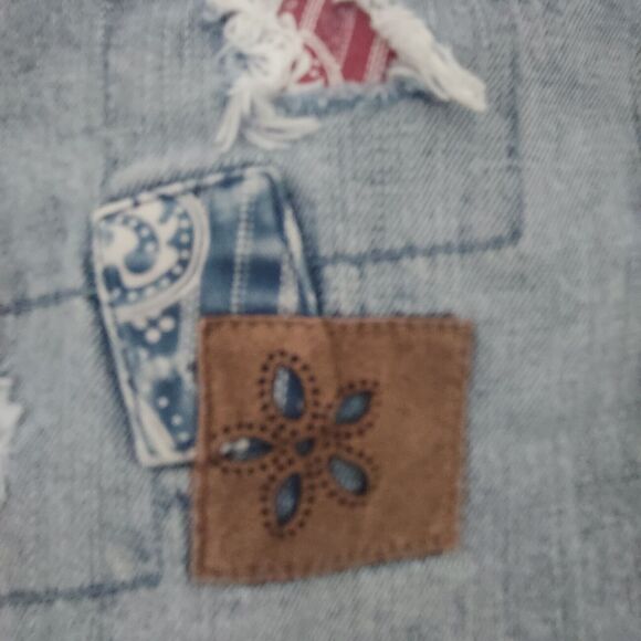 Bootheel Trading Co Jean Skirt Mini Size 12 Patch Distressed Embellished - Picture 2 of 11